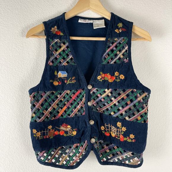 VICTORIA JONES Jackets & Blazers - Victoria Jones Lattice Vest Womens MP Blue Embroidered Corduroy Fall Harvest